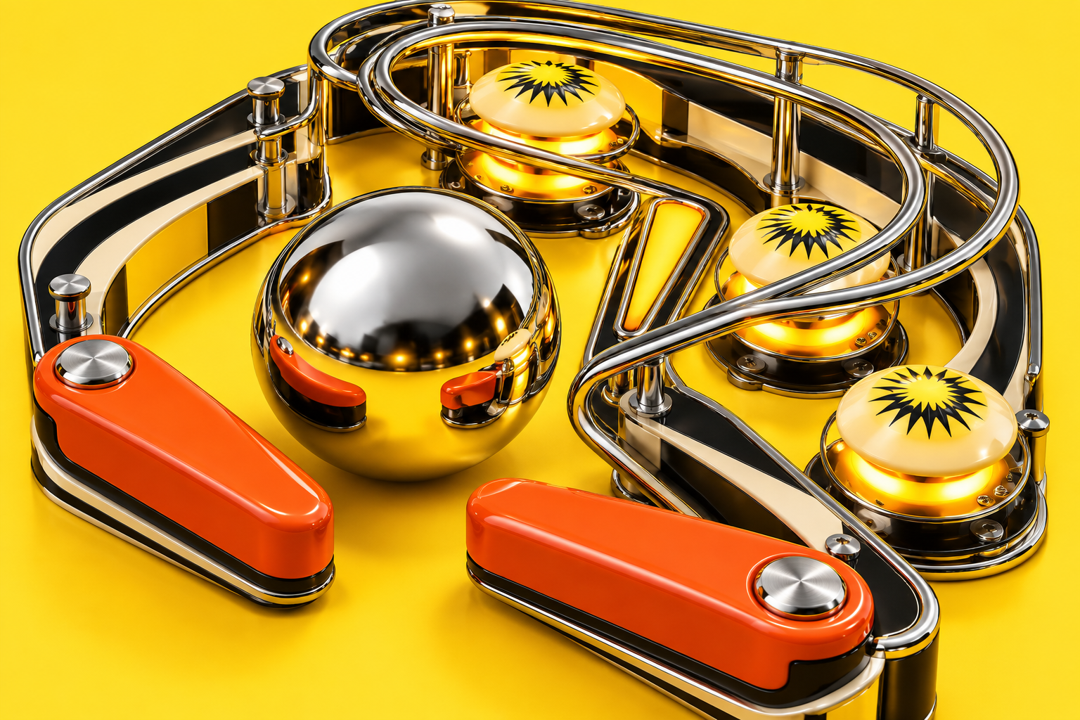 A chrome pinball surrounded by glowing yellow bumpers, looping rails and bright orange flippers